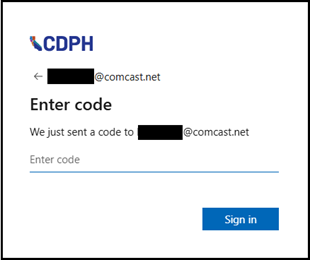 Screen to enter code sent to email